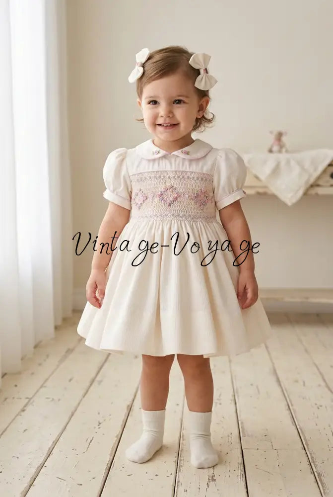 Toddler wearing the ivory dress and socks with two matching hair bows instead of a headband