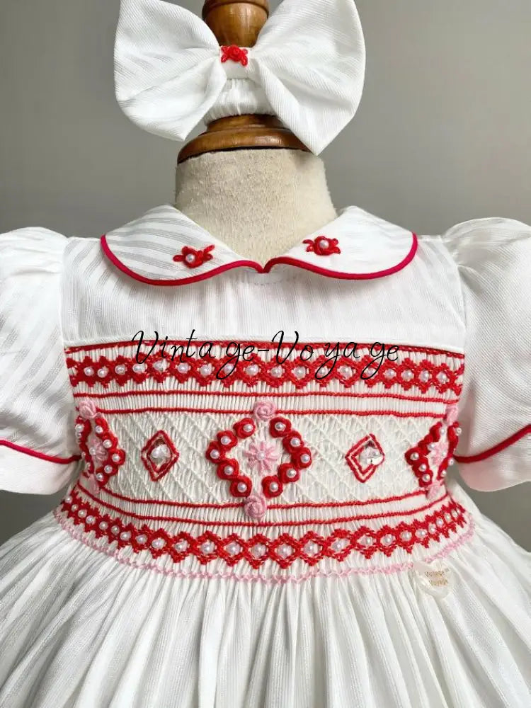 PRE-ORDER & GET IT SOON‼️NEW😍EVANGELINE IVORY & RED HAND-SMOCKED🧵🪡👑DRESS & ACCESSORIES🎀 - Baby & Toddler Dresses