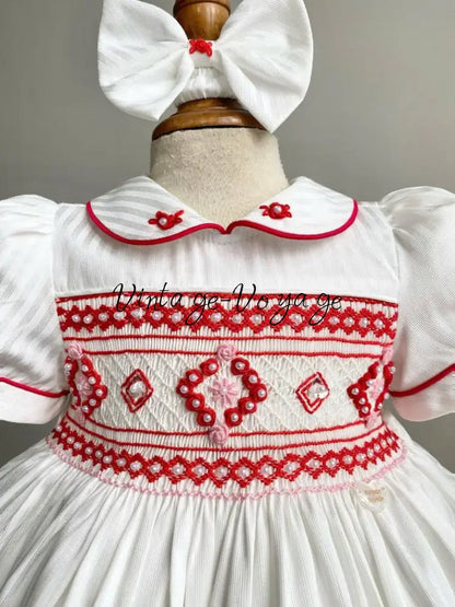 PRE-ORDER & GET IT SOON‼️NEW😍EVANGELINE IVORY & RED HAND-SMOCKED🧵🪡👑DRESS & ACCESSORIES🎀 - Baby & Toddler Dresses
