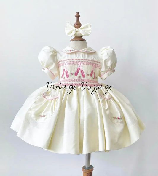 PRE-ORDER & GET NEXT WEEK! ANNA CREAM & PINK HAND-SMOCKED DRESS & ACCESSORIES 6M Baby & Toddler Dresses