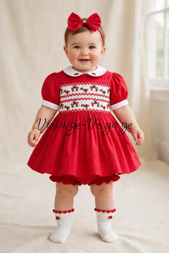 PRE-ORDER & GET NEXT WEEK! GLORIA HAND-SMOCKED RED CHRISTMAS DRESS & ACCESSORIES - 3M - Baby & Toddler Dresses