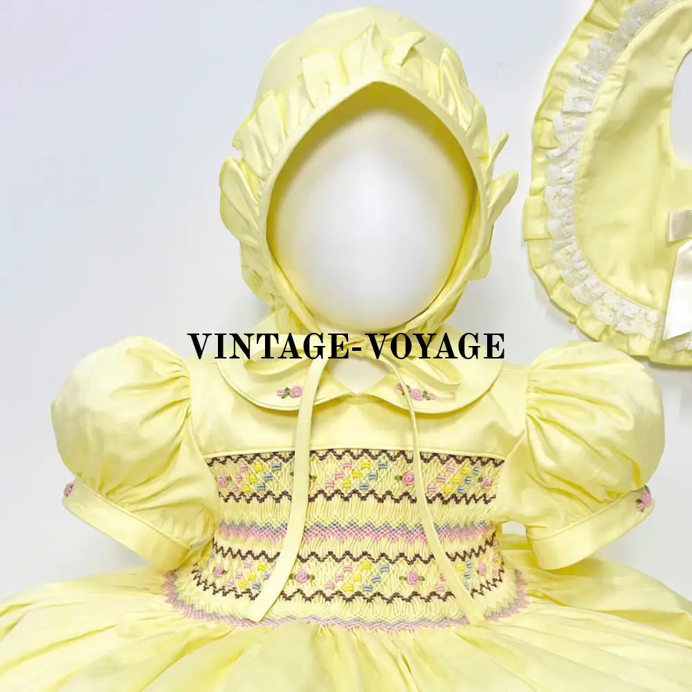 Pre-Order & Get Next Week🌷’Michelle’🕊️🐣Lemon Hand-Smocked Dress Panties Bib Hair