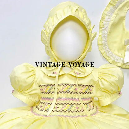 Pre-Order & Get Next Week🌷’Michelle’🕊️🐣Lemon Hand-Smocked Dress Panties Bib Hair