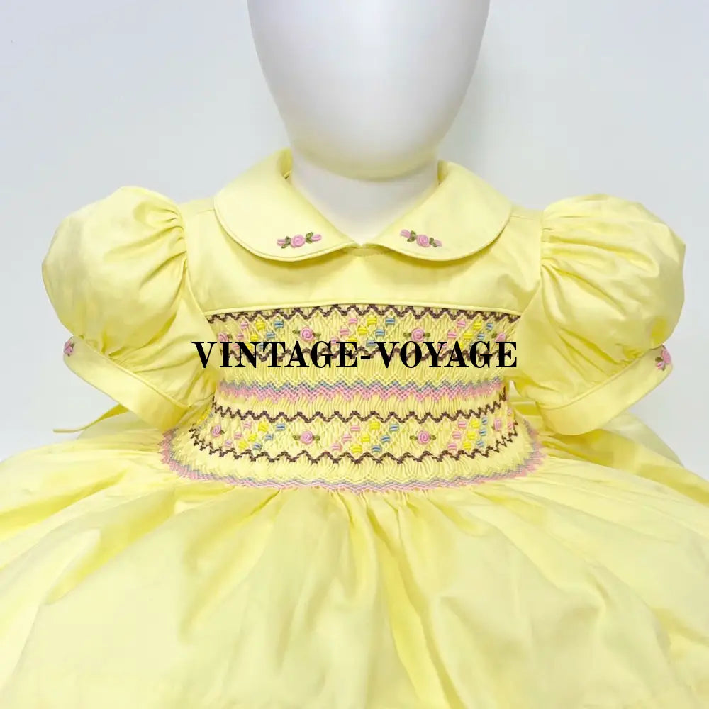 Pre-Order & Get Next Week🌷’Michelle’🕊️🐣Lemon Hand-Smocked Dress Panties Bib Hair