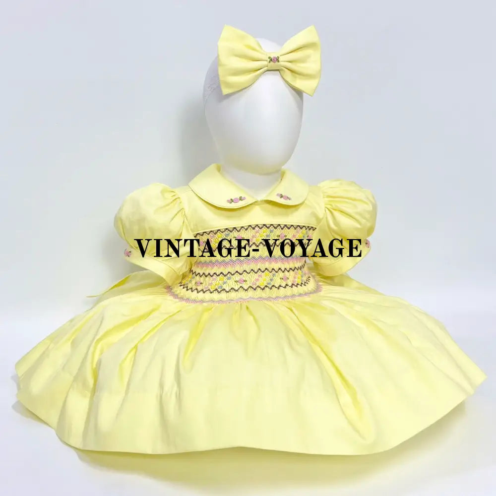 Pre-Order & Get Next Week🌷’Michelle’🕊️🐣Lemon Hand-Smocked Dress Panties Bib Hair