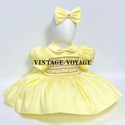 Pre-Order & Get Next Week🌷’Michelle’🕊️🐣Lemon Hand-Smocked Dress Panties Bib Hair