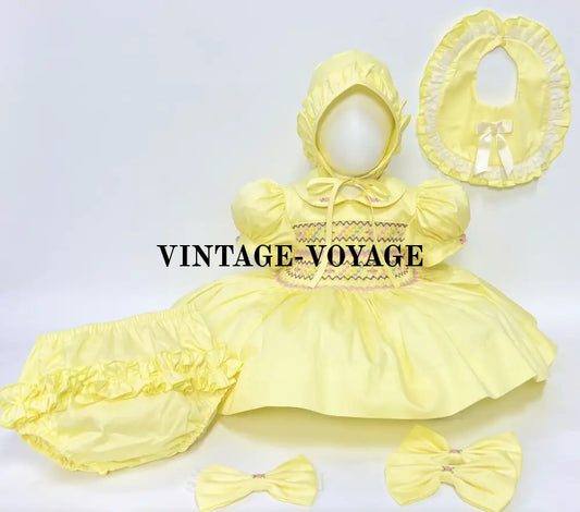 Pre-Order & Get Next Week🌷’Michelle’🕊️🐣Lemon Hand-Smocked Dress Panties Bib Hair