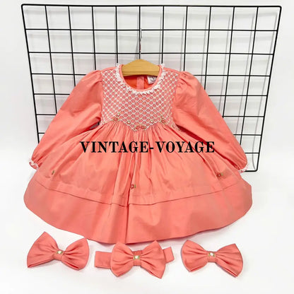 Pre-Order & Get Next Week! Natalie Coral Hand-Smocked Dress Bows 6M Baby Toddler Dresses