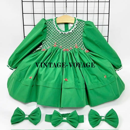 Pre-Order & Get Next Week! Natalie Green Hand-Smocked Dress Bows 6M Baby Toddler Dresses