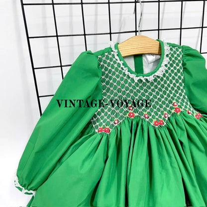 Pre-Order & Get Next Week! Natalie Green Hand-Smocked Dress Bows Baby Toddler Dresses