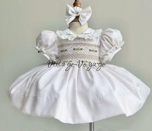 PRE-ORDER & GET NEXT WEEK! NEW! ANNALISE BEIGE HAND-SMOCKED🧵🪡DRESS & HAIR ACCESSORIES🎀 6M Baby & Toddler Dresses