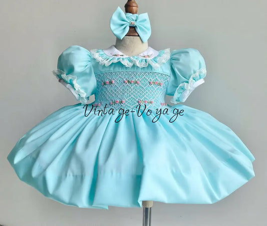 PRE-ORDER & GET NEXT WEEK! NEW! ANNALISE TURQUOISE HAND-SMOCKED🧵🪡DRESS & HAIR ACCESSORIES🎀 6M Baby & Toddler Dresses