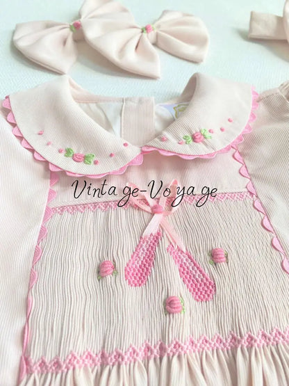 PRE-ORDER&GET NEXT WEEK! NEW! BALLERINA PEACH HAND-SMOCKED ROMPER & HAIR BOWS OR HEADBAND Baby & Toddler Outfits