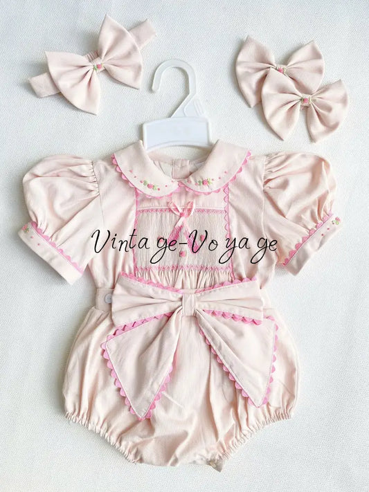 PRE-ORDER&GET NEXT WEEK! NEW! BALLERINA PEACH HAND-SMOCKED ROMPER & HAIR BOWS OR HEADBAND NB Baby & Toddler Outfits