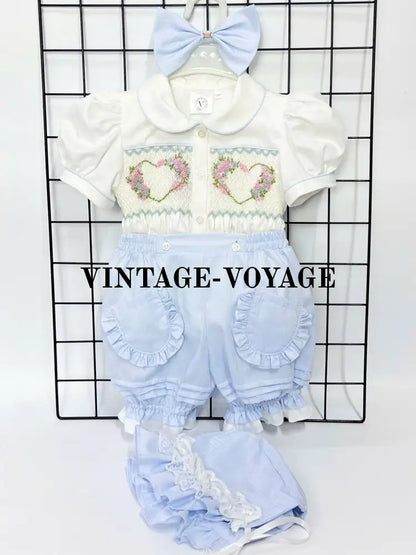 PRE-ORDER&GET NEXT WEEK!NEW BELLA BLUE HAND-SMOCKED SHORTS,SHIRT SUN HAT & BOWS OUTFIT 1M Baby & Toddler Outfits