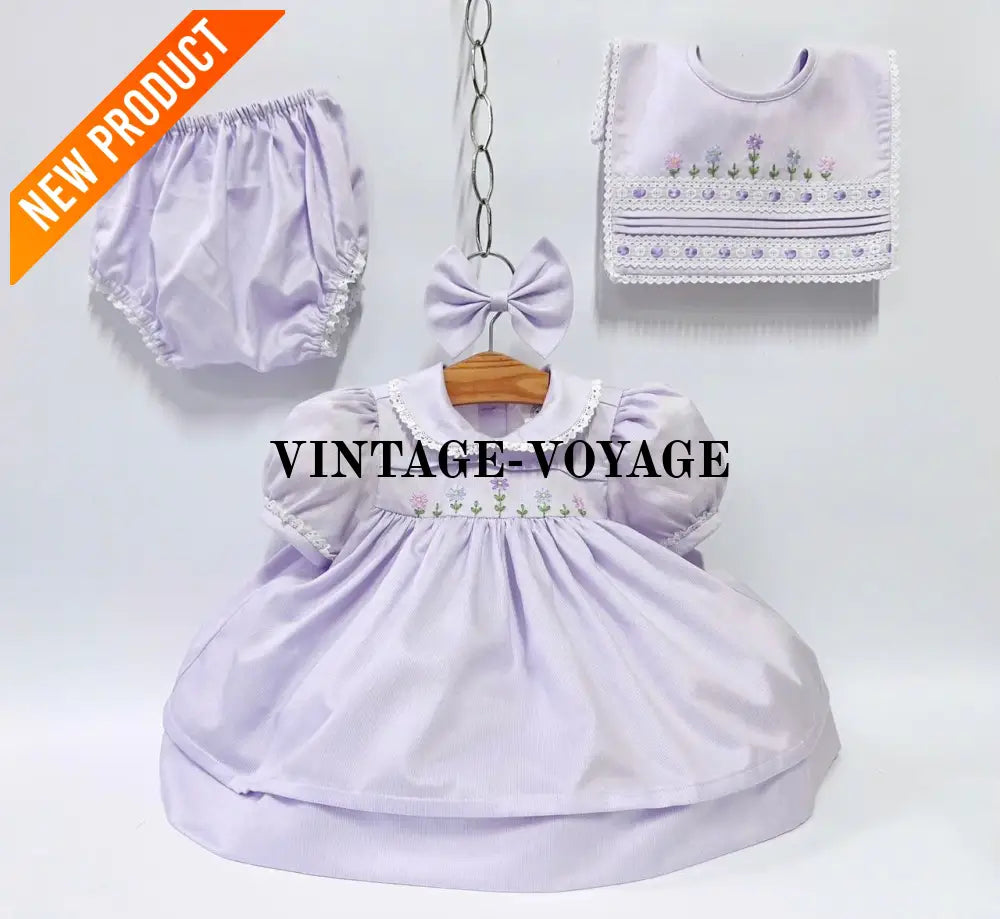 PRE ORDER&GET NEXT WEEK!NEW!BLOSSOM PALE LILAC HAND EMBROIDERED DRESS,KNICKERS,BIB & HEADBAND OUTFIT Baby & Toddler