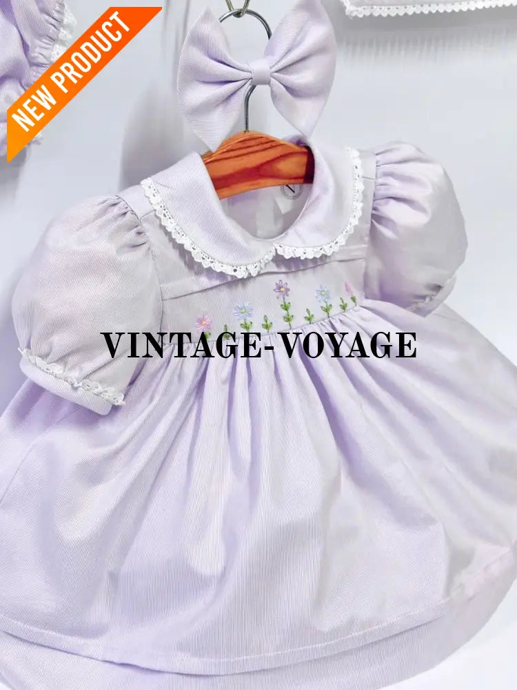 PRE ORDER&GET NEXT WEEK!NEW!BLOSSOM PALE LILAC HAND EMBROIDERED DRESS,KNICKERS,BIB & HEADBAND OUTFIT Baby & Toddler