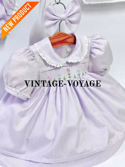PRE ORDER&GET NEXT WEEK!NEW!BLOSSOM PALE LILAC HAND EMBROIDERED DRESS,KNICKERS,BIB & HEADBAND OUTFIT Baby & Toddler