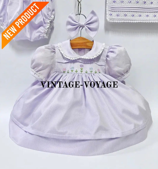 PRE ORDER&GET NEXT WEEK!NEW!BLOSSOM PALE LILAC HAND EMBROIDERED DRESS,KNICKERS,BIB & HEADBAND OUTFIT NB 1 months Baby &