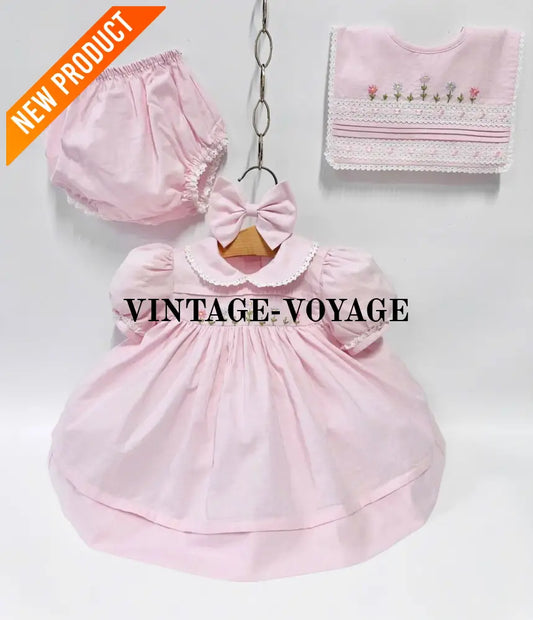 PRE ORDER&GET NEXT WEEK!NEW!BLOSSOM PINK HAND EMBROIDERED DRESS,KNICKERS,BIB & HEADBAND OUTFIT NB 1M Baby & Toddler