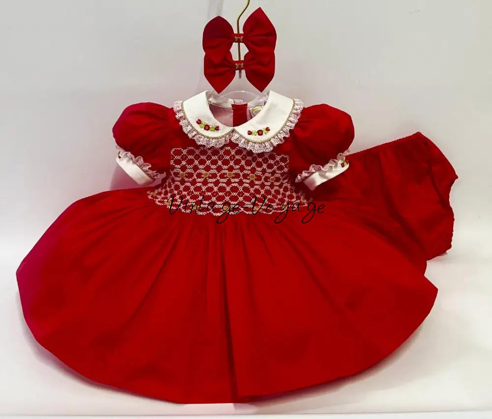 PRE-ORDER & GET NEXT WEEK! NEW! CAROL RED & GOLD HAND-SMOCKED DRESS,PANTIES & HAIR ACCESSORIES 3-6 months Baby &
