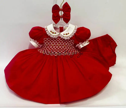 PRE-ORDER & GET NEXT WEEK! NEW! CAROL RED & GOLD HAND-SMOCKED DRESS,PANTIES & HAIR ACCESSORIES 3-6 months Baby &