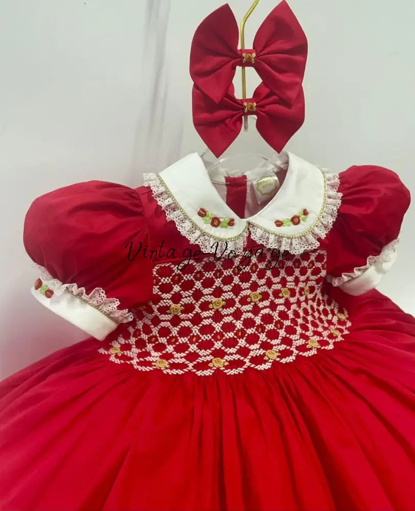 PRE-ORDER & GET NEXT WEEK! NEW! CAROL RED & GOLD HAND-SMOCKED DRESS,PANTIES & HAIR ACCESSORIES Baby & Toddler Dresses
