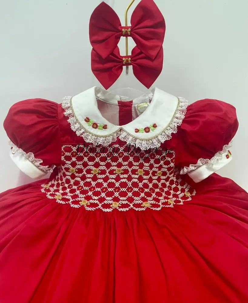 PRE-ORDER & GET NEXT WEEK! NEW! CAROL RED & GOLD HAND-SMOCKED DRESS,PANTIES & HAIR ACCESSORIES Baby & Toddler Dresses