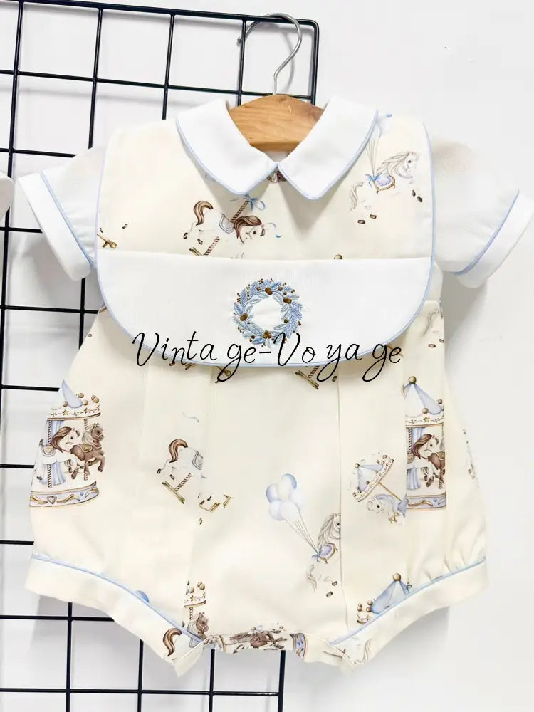 PRE-ORDER & GET NEXT WEEK‼️NEW🤩CAROUSEL🎠HAND-EMBROIDERED🧵🪡BABY BOYS🩵ROMPER & BIB SET🧚 0-3 months Baby & Toddler Outfits