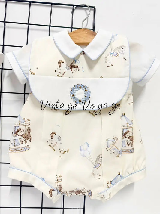 PRE-ORDER & GET NEXT WEEK‼️NEW🤩CAROUSEL🎠HAND-EMBROIDERED🧵🪡BABY BOYS🩵ROMPER & BIB SET🧚 0-3 months Baby & Toddler Outfits