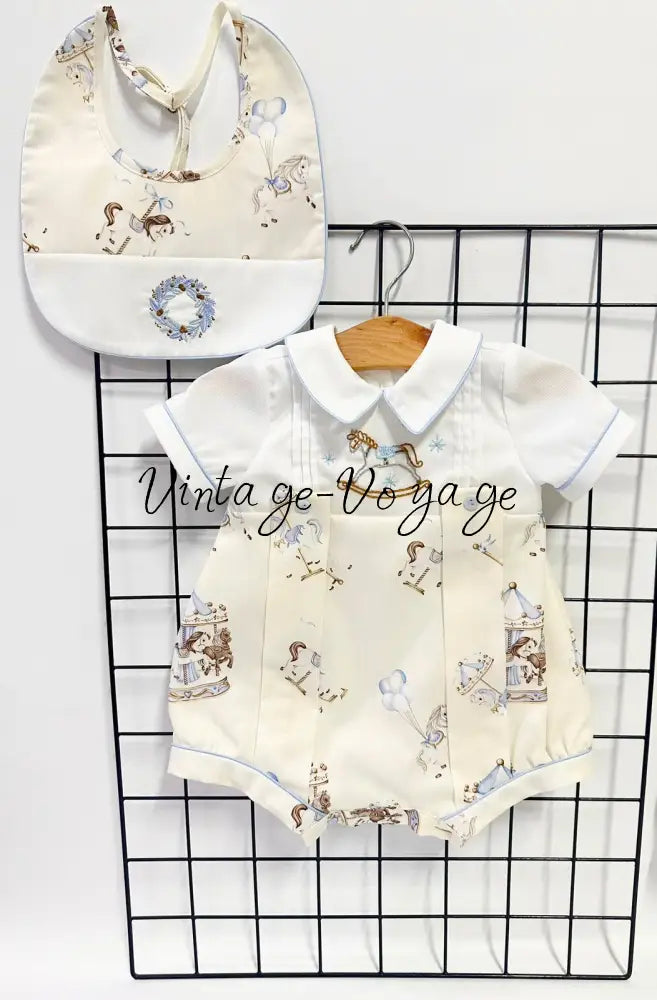 PRE-ORDER & GET NEXT WEEK‼️NEW🤩CAROUSEL🎠HAND-EMBROIDERED🧵🪡BABY BOYS🩵ROMPER & BIB SET🧚 6-9 months Baby & Toddler Outfits