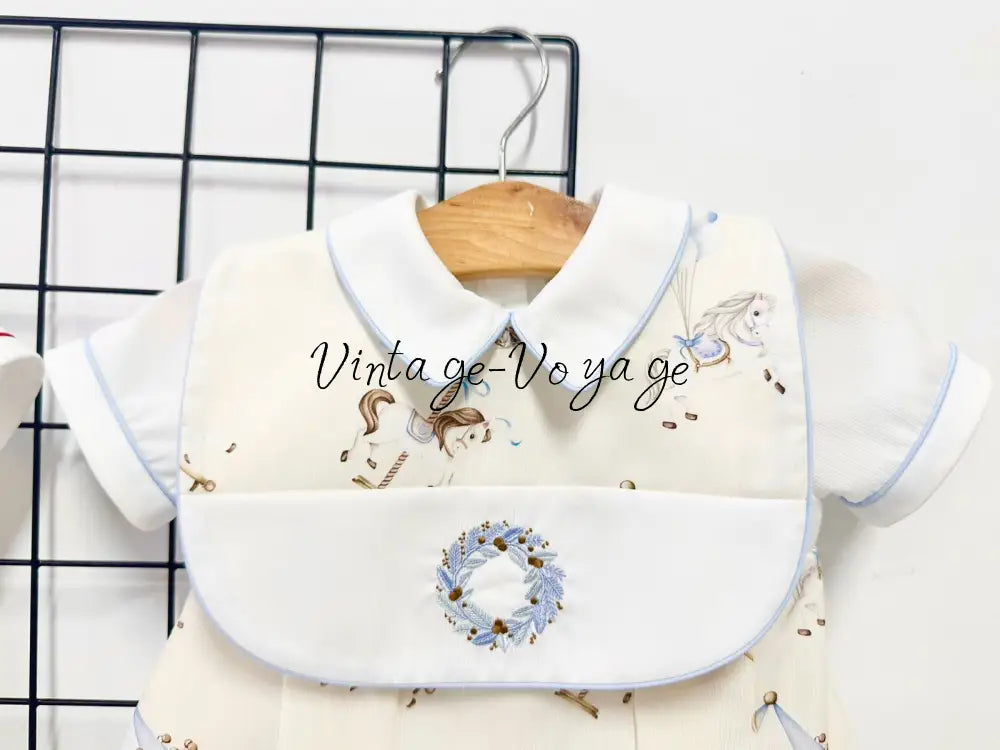 PRE-ORDER & GET NEXT WEEK‼️NEW🤩CAROUSEL🎠HAND-EMBROIDERED🧵🪡BABY BOYS🩵ROMPER & BIB SET🧚 Baby & Toddler Outfits