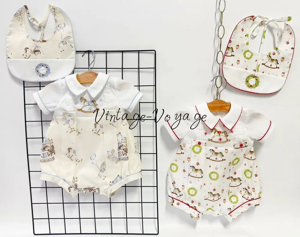 PRE-ORDER & GET NEXT WEEK‼️NEW🤩CAROUSEL🎠HAND-EMBROIDERED🧵🪡BABY BOYS🩵ROMPER & BIB SET🧚 Baby & Toddler Outfits