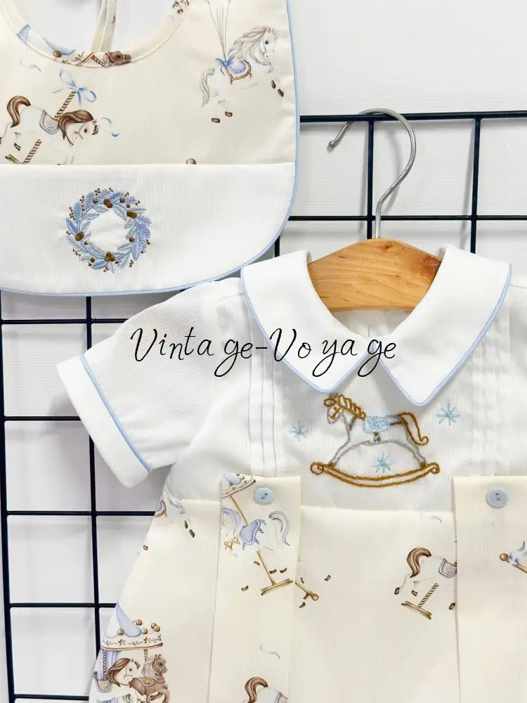 PRE-ORDER & GET NEXT WEEK‼️NEW🤩CAROUSEL🎠HAND-EMBROIDERED🧵🪡BABY BOYS🩵ROMPER & BIB SET🧚 Baby & Toddler Outfits