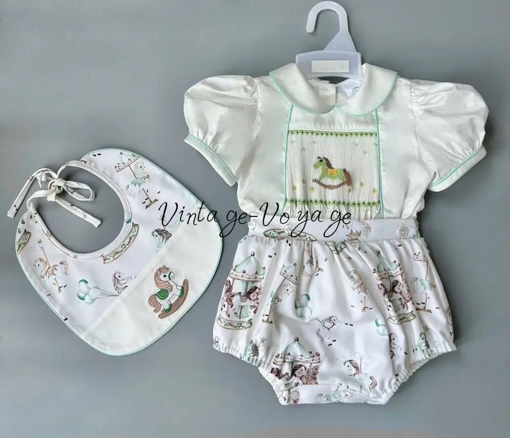 PRE-ORDER&GET NEXT WEEK! NEW! CAROUSEL MINT BABY BOY👼HAND-SMOCKED ROMPER/SUIT🧵🪡 NB Baby & Toddler Outfits