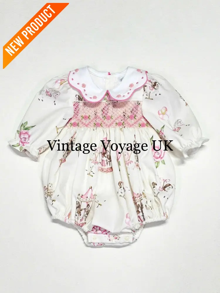 PRE-ORDER&GET NEXT WEEK! NEW! CAROUSEL PINK HAND-SMOCKED CUSTOM PRINT BABY ROMPER SET NB-1 months Baby & Toddler Outfits