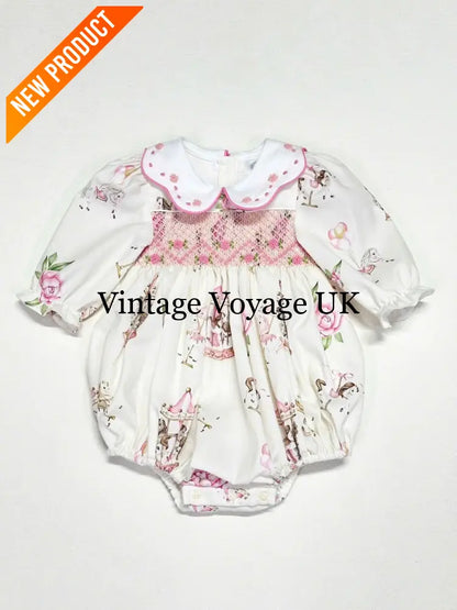 PRE-ORDER&GET NEXT WEEK! NEW! CAROUSEL PINK HAND-SMOCKED CUSTOM PRINT BABY ROMPER SET NB-1 months Baby & Toddler Outfits