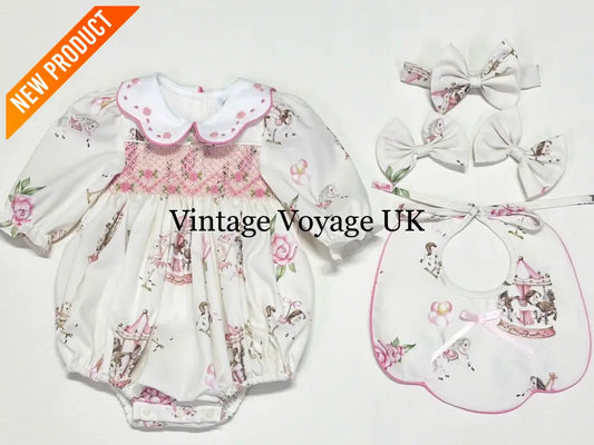 PRE-ORDER&GET NEXT WEEK! NEW! CAROUSEL PINK HAND-SMOCKED CUSTOM PRINT BABY ROMPER SET Baby & Toddler Outfits