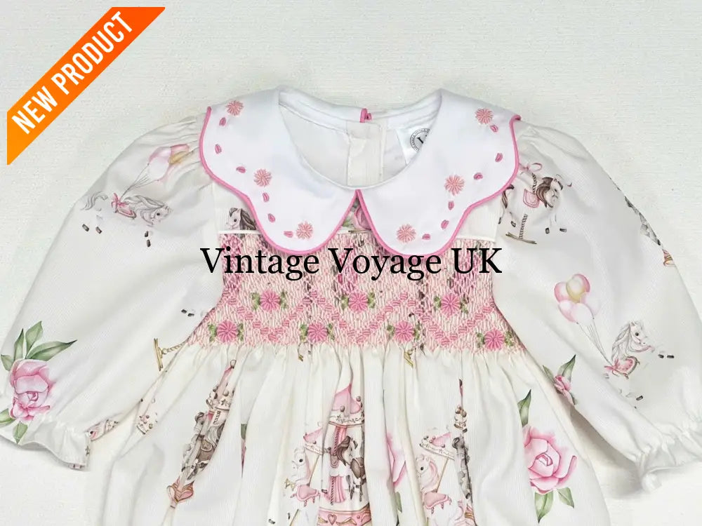 PRE-ORDER&GET NEXT WEEK! NEW! CAROUSEL PINK HAND-SMOCKED CUSTOM PRINT BABY ROMPER SET Baby & Toddler Outfits