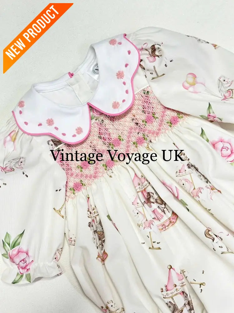 PRE-ORDER&GET NEXT WEEK! NEW! CAROUSEL PINK HAND-SMOCKED CUSTOM PRINT BABY ROMPER SET Baby & Toddler Outfits