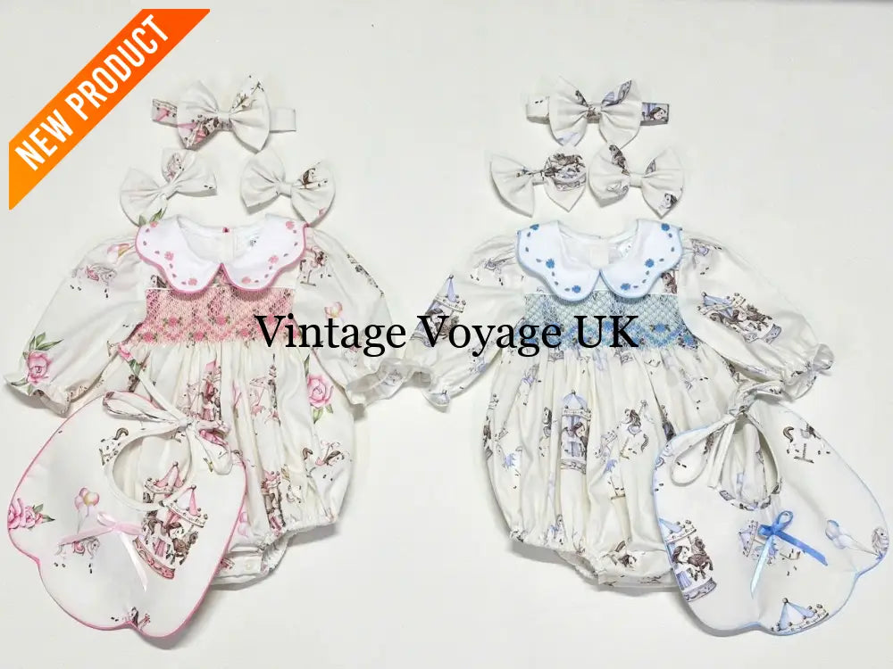 PRE-ORDER&GET NEXT WEEK! NEW! CAROUSEL PINK HAND-SMOCKED CUSTOM PRINT BABY ROMPER SET Baby & Toddler Outfits