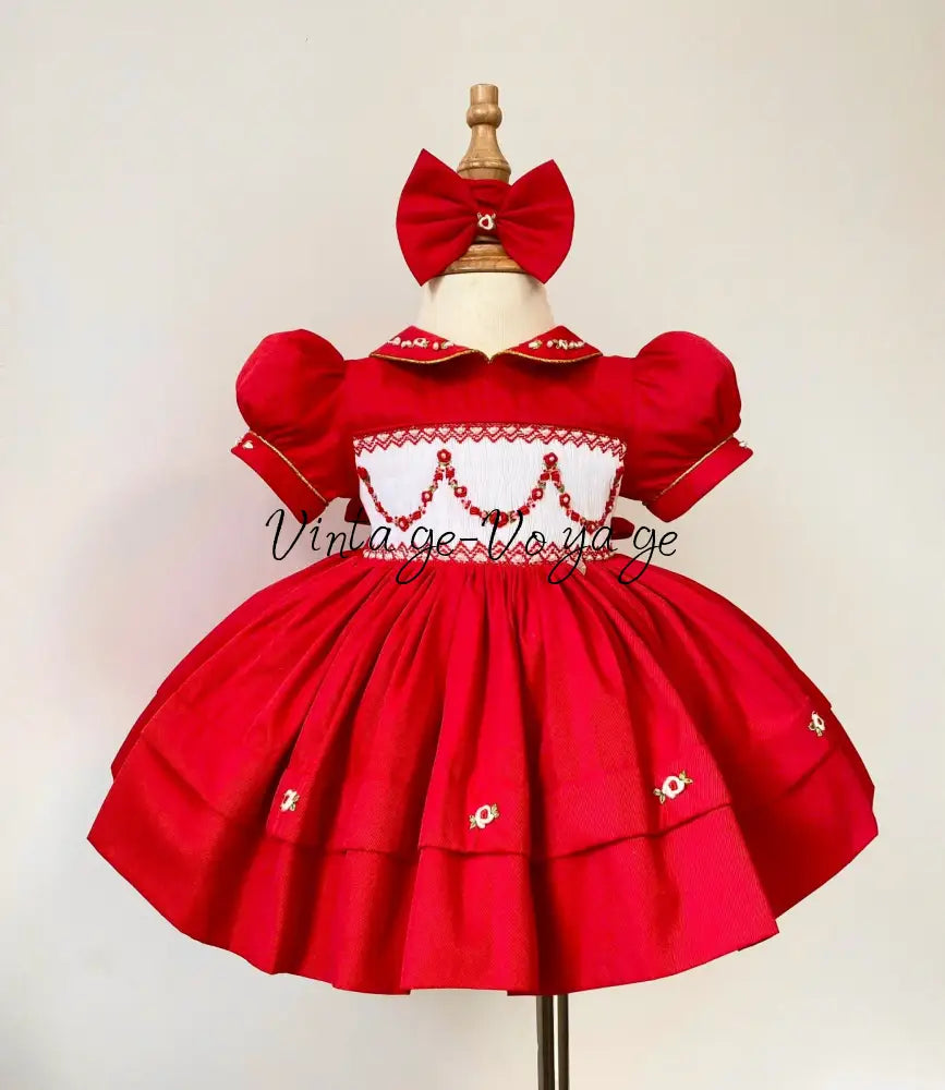 PRE-ORDER & GET NEXT WEEK‼️NEW🎄CASSANDRA RED🧑‍🎄HAND-SMOCKED🧵🪡👑DRESS & ACCESSORIES🎀👼 - 6M - Baby & Toddler Dresses