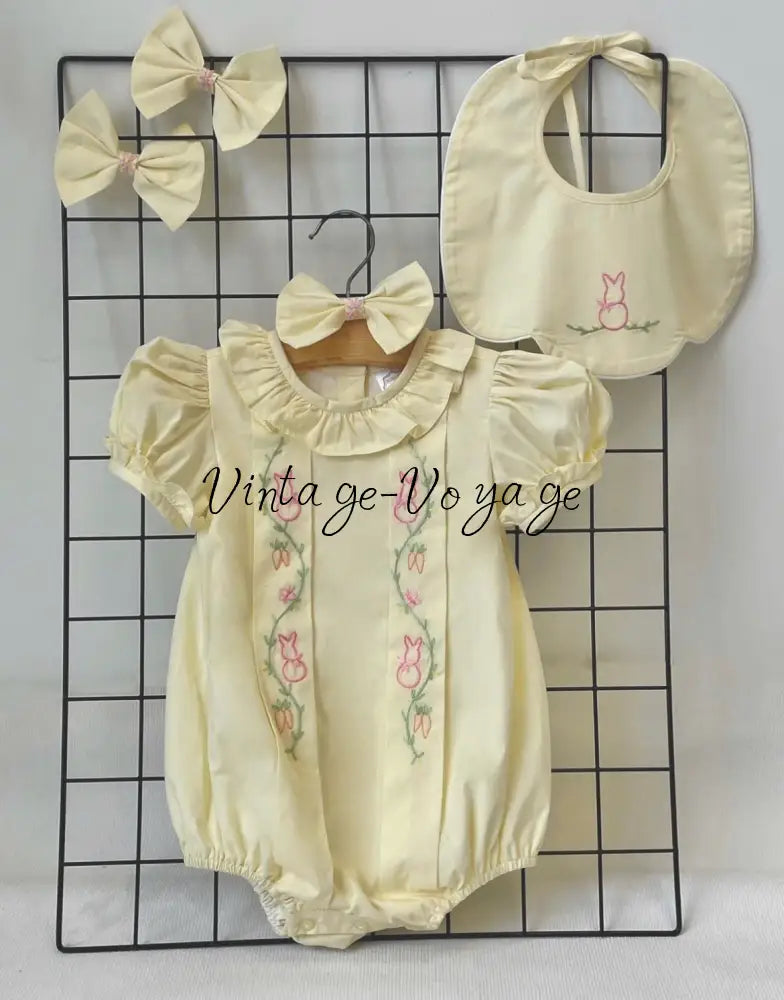 PRE-ORDER&GET NEXT WEEK‼️NEW COCO🐇 PALE LEMON👑HAND-EMBROIDERED🪡🧵ROMPER & BIB SET👼 3M Baby & Toddler Outfits