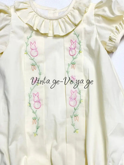 PRE-ORDER&GET NEXT WEEK‼️NEW COCO🐇 PALE LEMON👑HAND-EMBROIDERED🪡🧵ROMPER & BIB SET👼 Baby & Toddler Outfits