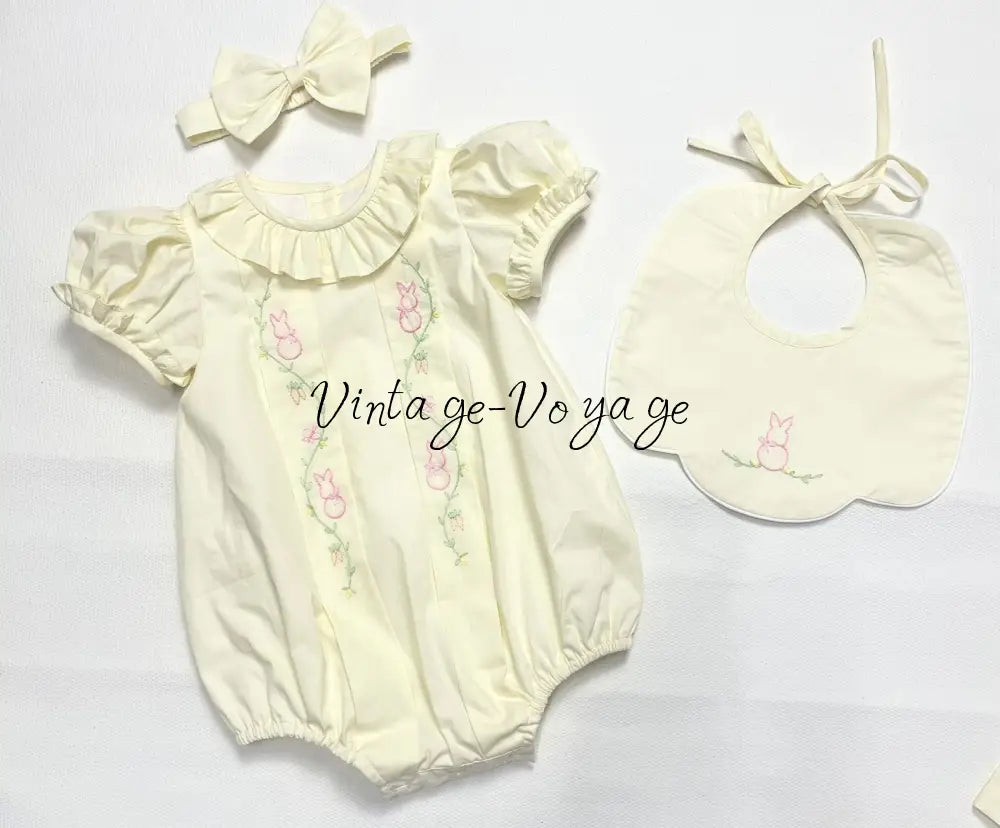 PRE-ORDER&GET NEXT WEEK‼️NEW COCO🐇 PALE LEMON👑HAND-EMBROIDERED🪡🧵ROMPER & BIB SET👼 NB Baby & Toddler Outfits