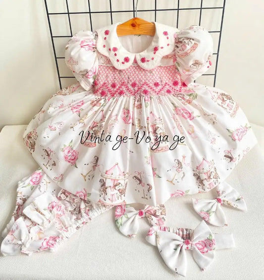 PRE-ORDER&GET NEXT WEEK‼️NEW😍CUSTOM PRINT CAROUSEL PINK HAND-SMOCKED🧵🪡BABY DRESS SET👑🎀 3M Baby & Toddler Dresses