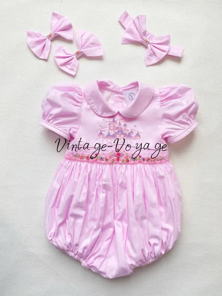 PRE-ORDER & GET NEXT WEEK❣️NEW👑DI💞PINK HAND-SMOCKED🧵🪡& EMBROIDERED ROMPER & HAIR ACCESSORIES🧚🎀 NB-1M Baby & Toddler
