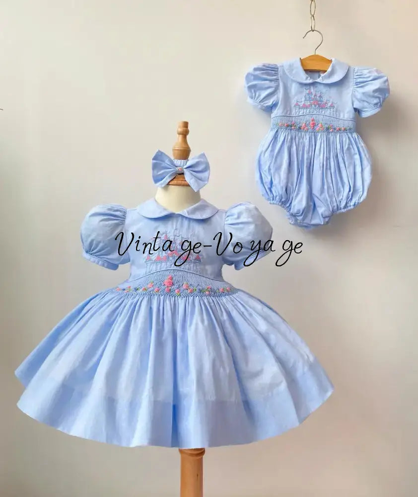 PRE-ORDER & GET NEXT WEEK❣️NEW👑DIANA SKY BLUE HAND-SMOCKED🧵🪡& EMBROIDERED DRESS & BOWS OR HEADBAND 🎀🎀 Baby & Toddler