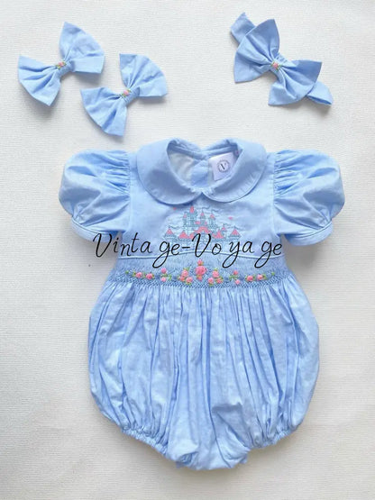 PRE-ORDER & GET NEXT WEEK❣️NEW👑DI💞SKY BLUE HAND-SMOCKED🧵🪡& EMBROIDERED ROMPER & HAIR ACCESSORIES🧚🎀 NB-1M Baby & Toddler