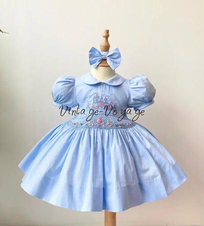 PRE-ORDER & GET NEXT WEEK❣️NEW👑DIANA SKY BLUE HAND-SMOCKED🧵🪡& EMBROIDERED DRESS & BOWS OR HEADBAND 🎀🎀 3M Baby & Toddler